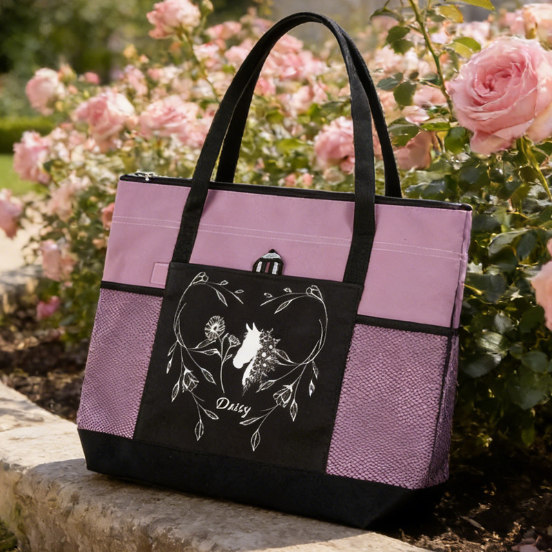 Personalized Horse Heart Birth Flower Oxford Large Tote Bag with Name Travel Essentials Birthday Gift for Equestrain Lovers 