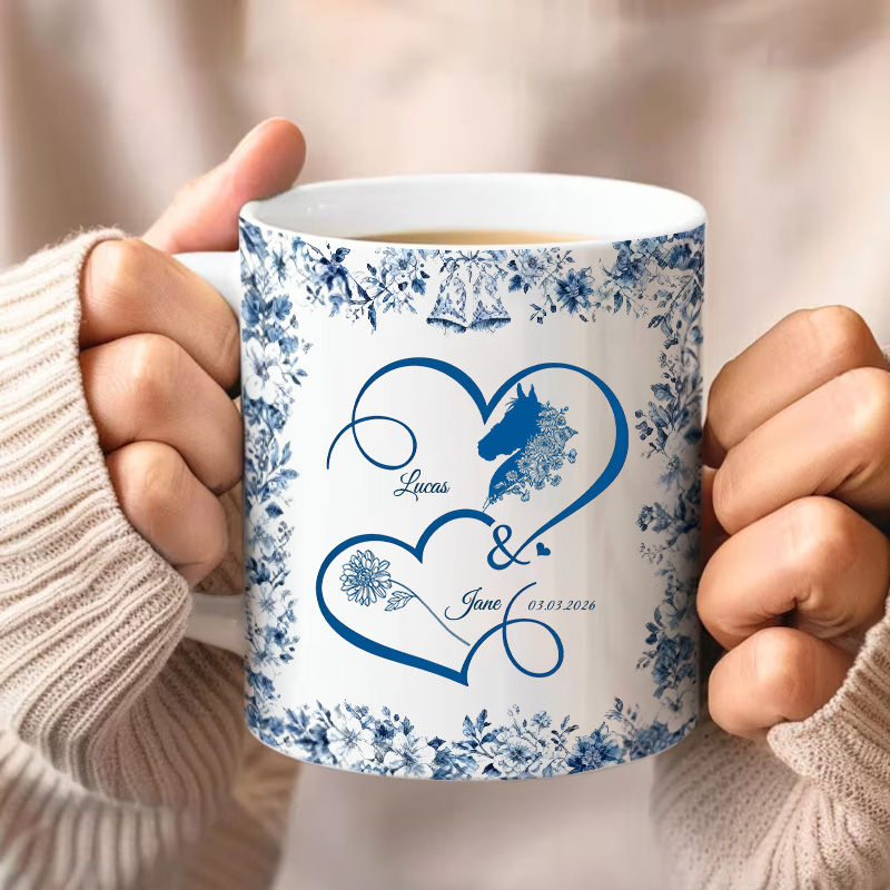 Personalized Toile De Jouy Mug Heart Birth Flower with Your Horse Ceramic Cup Gift for Horse Riding Equestrian Lovers
