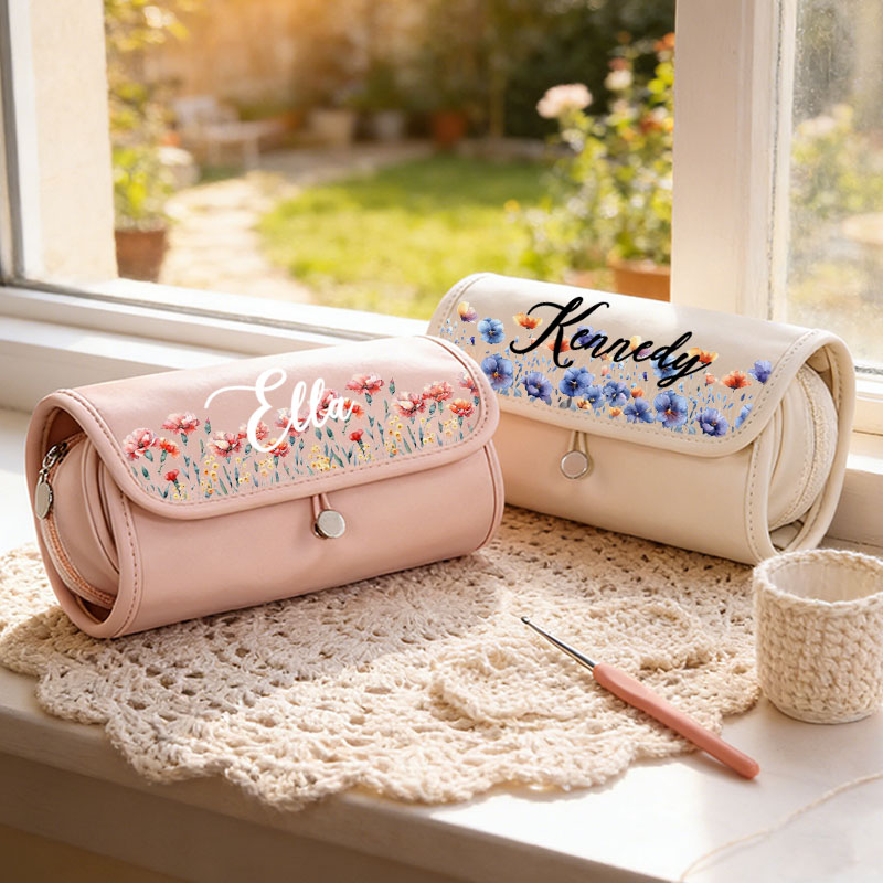 Personalized Birth Flower Roll Crochet Hook Organizer with Name Knitting Accessories Mother's Day Gift for Crochet Enthusiasts