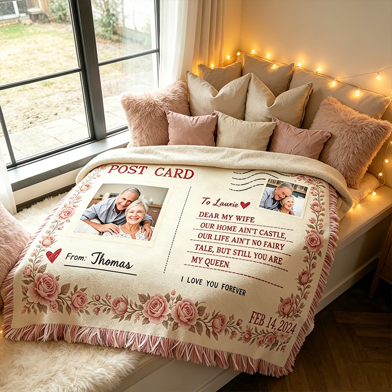 Personalized Couple Photo Vintage Postcard Blanket