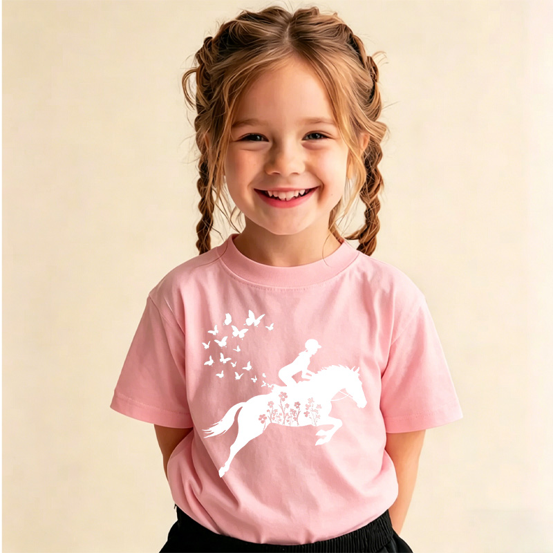 Personalized Floral Horse Birth Month Flower Kids T-Shirt Horseback Riding Farm Kids Tee Funny T-Shirt Gift for Girls Equestrain Lovers