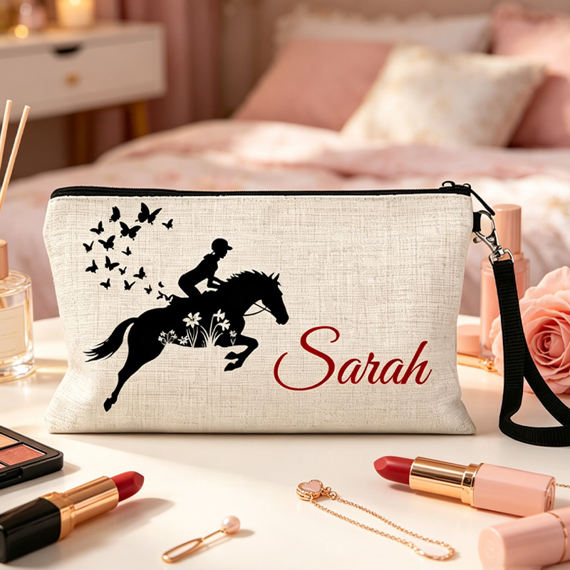 Personalized Floral Horse Birth Month Flower Linen Zipper Pouch Horseback Riding Farm Gift for Girls Equestrain Lovers