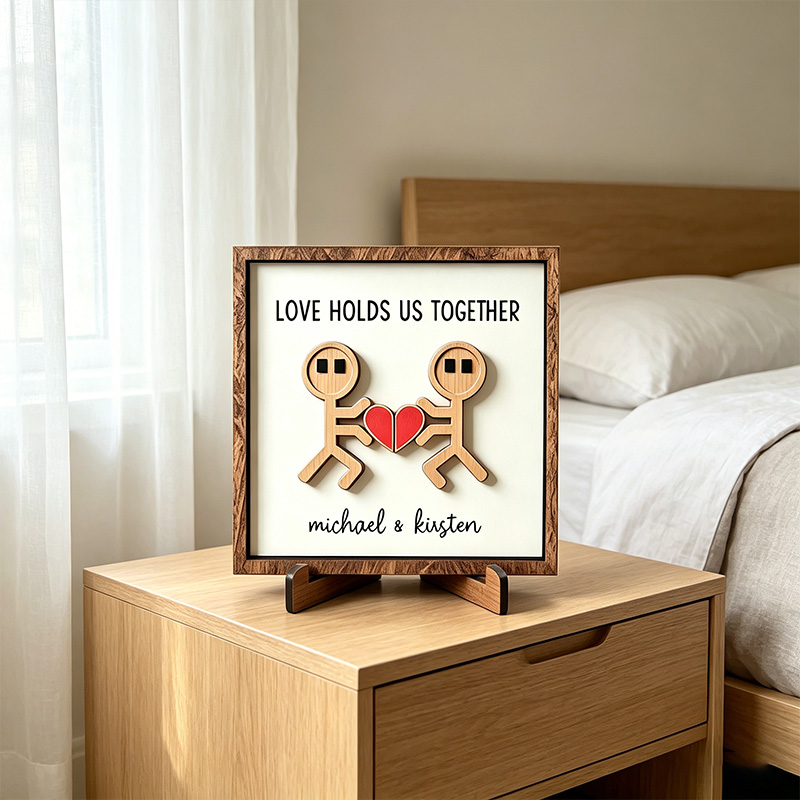 Personalized Funny Cartoon Couple Wooden Sign Gift Valentine's Day Gift for Couple Love Holds Us Together Wood Sign with Couple Name