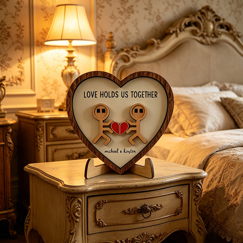Personalized Funny Cartoon Couple Wooden Sign Gift Heart Shape Wooden Love Holds Us Together Sign with Couple Name Gift Plaque