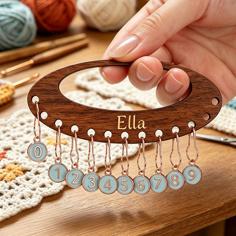Personalized Removable Plastic Leather Wood Counting Number Stitch Markers Charm with Engraved Name and Holder Birthday Gift for Crochet Knitting Lovers
