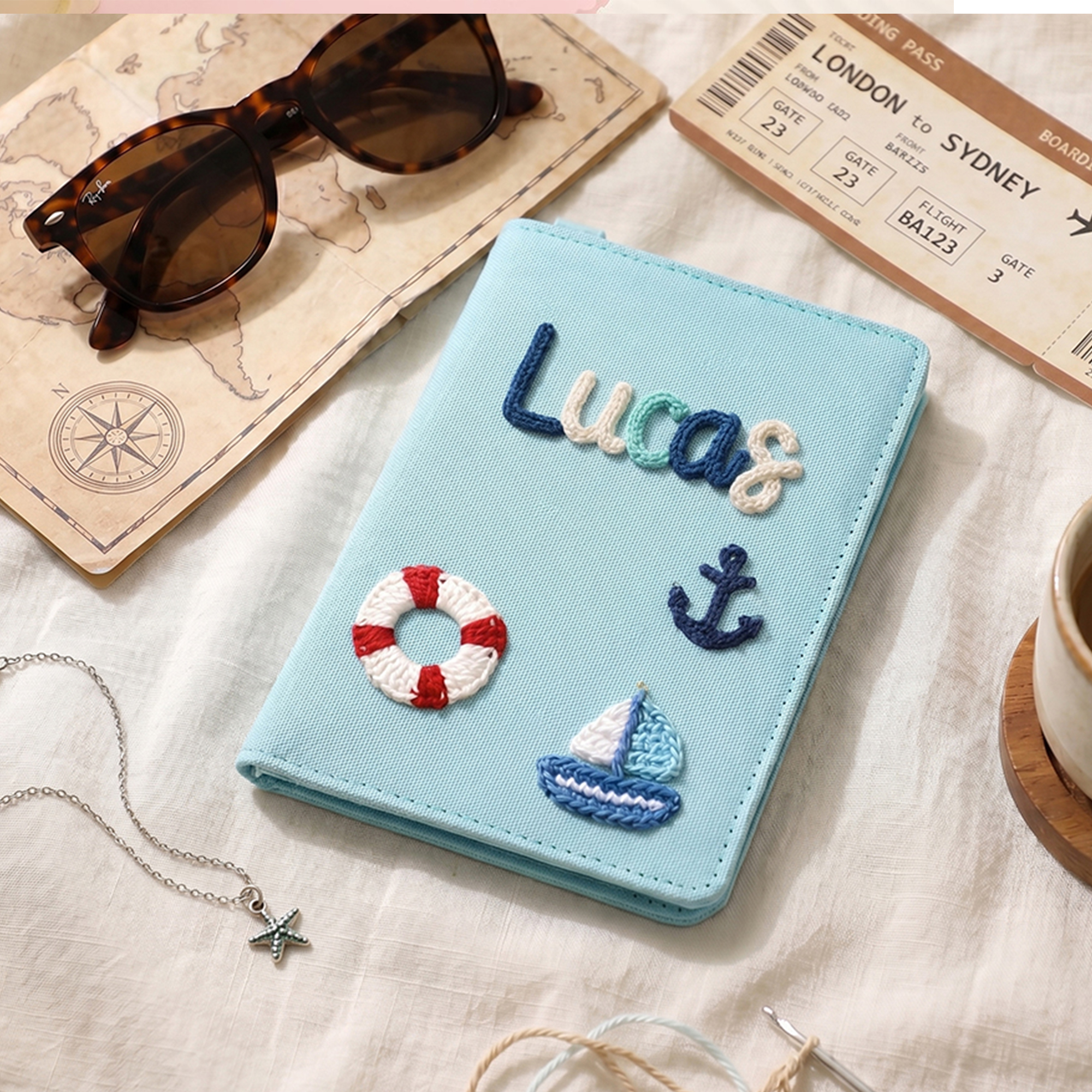 Personalized Passport Holder  Custom Name Travel Cover with Crochet Patches  Cute Cotton Passport Wallet Gift for Kids and Family Travel