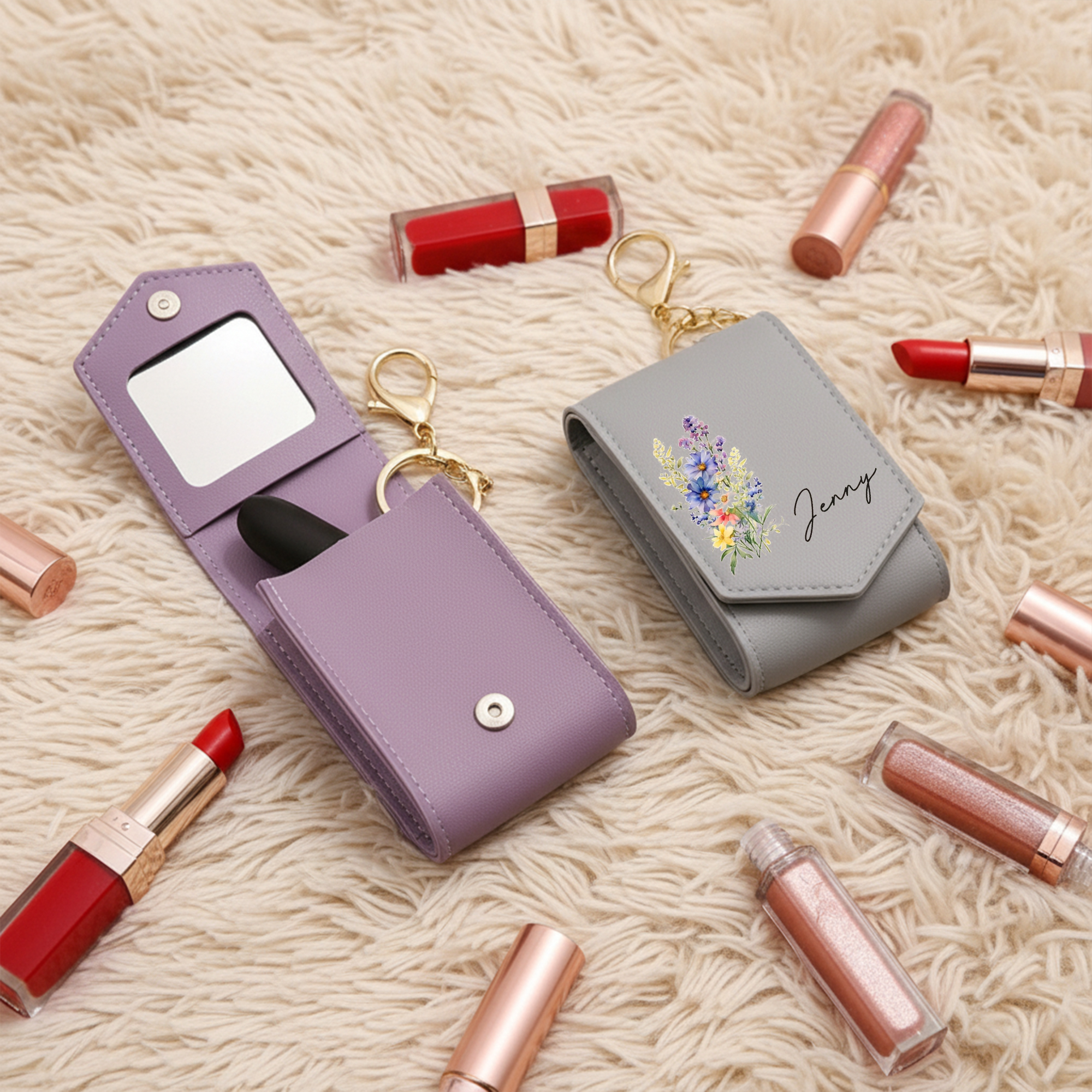 Personalized Lipstick Holder with Birth Flower  Custom Name PU Leather Mini Cosmetic Case Portable Multi Lipstick Storage Pouch Gift for Her