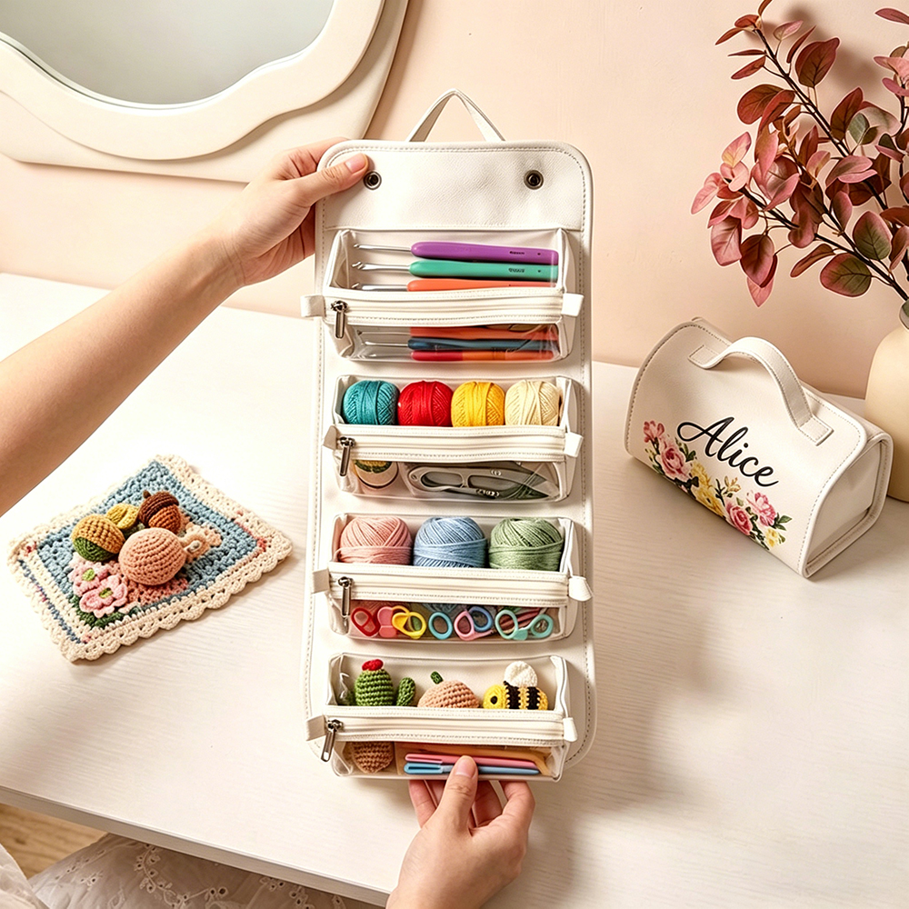 Personalized Crochet Storage Bag Custom Name Birth Flower Yarn Organizer Portable Knitting Tool Bag Travel Craft Storage for Handmade Lovers