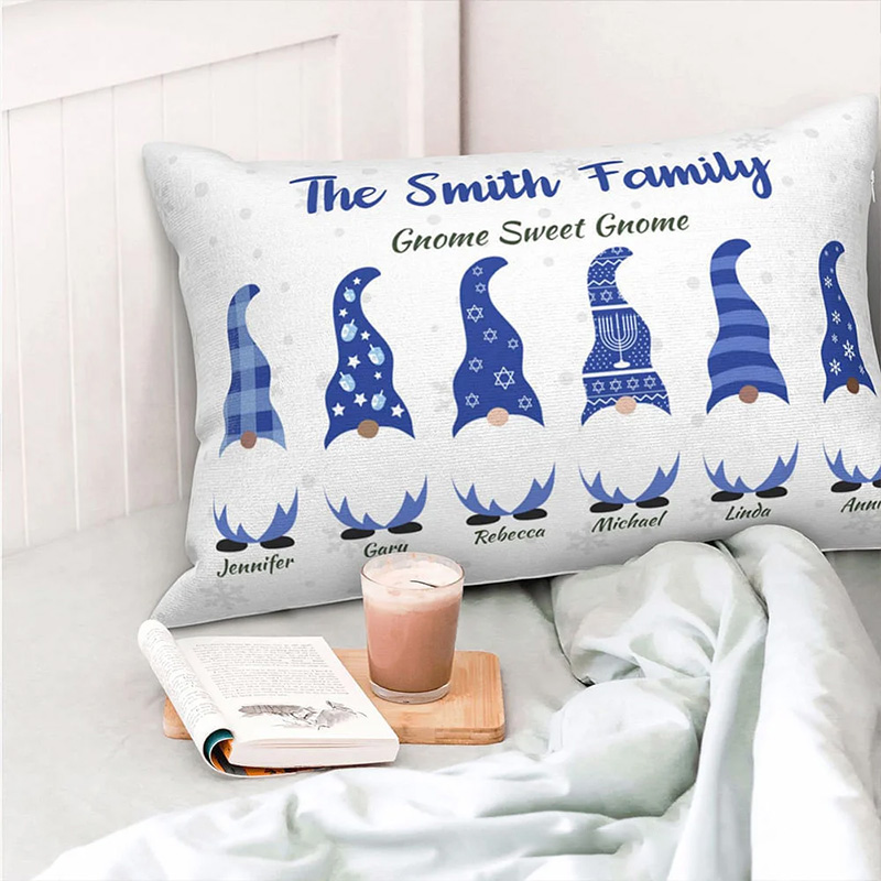 Personalized Cute Hanukkah Gnome Family Throw Pillow Cover with 1-8 Names Happy Hanukkah Gift for Jewish Family