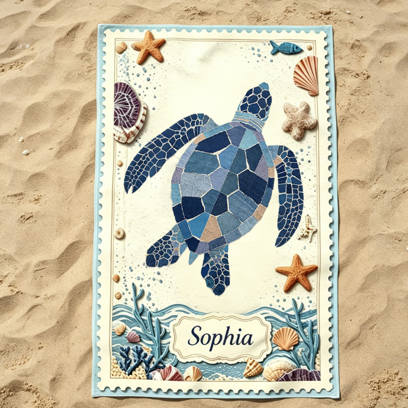 Personalized  Beach Towel  Coastal Patchwork Collage Design Custom Name Kids Towel for Summer Vacation Ocean Theme Gift