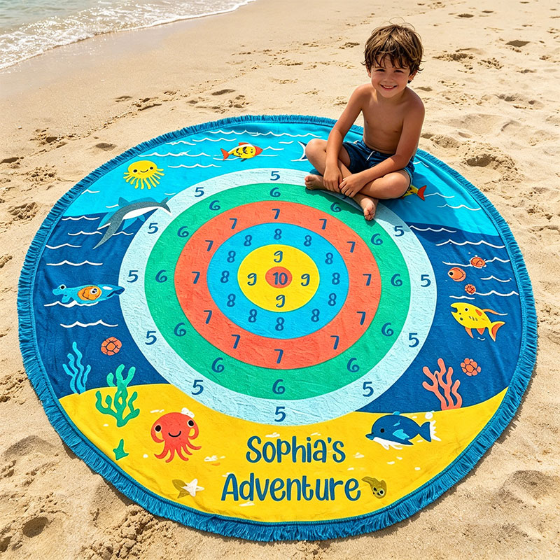 Personalized Round Ocean Target Game Beach Towel  Kids Play & Learn Mat with Cute Sea Animals Custom Name Summer Gift