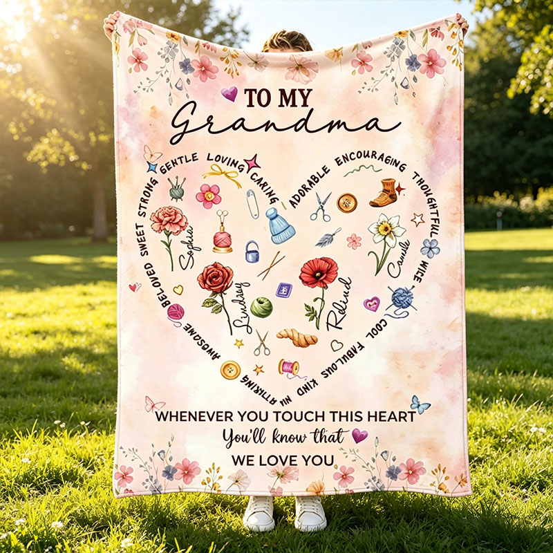 Personalized Grandma Blanket with Birthflower Knitting Lover Blanket Mother's Day Gift Nana Birthday Gift