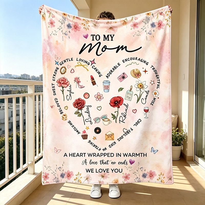 Personalized Mama Blanket with Birthflowers Custom Blanket with Kids Name Mother's Day Gift Mom Birthday Gift