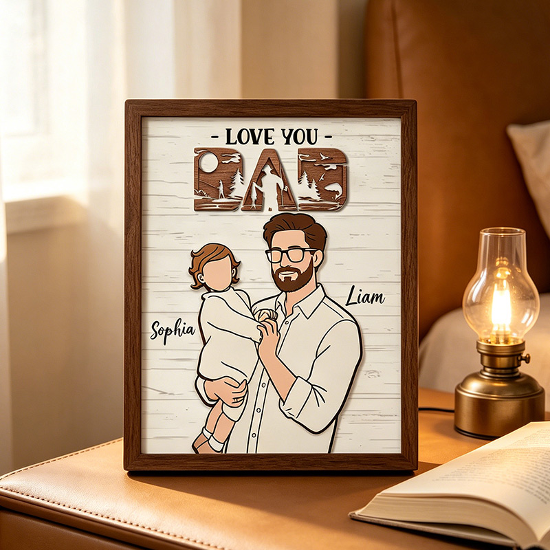 Personalized Love You Dad Sign Custom Dad Portrait with Kid Wooden Plaque Fishing Lover Dad Gifts Father's Day Gift For Dad