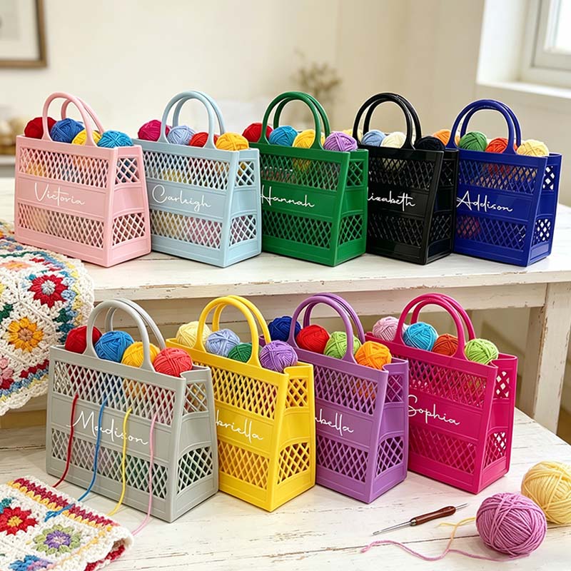 Personalized Hollow Crochet & Yarn Storage Bag Portable Handle Large Capacity Waterproof Solid Color PVC Tote Handbag Craft Yarn Sewing Organizer Basket