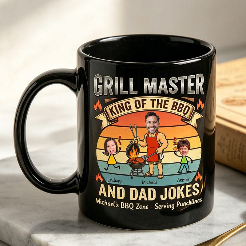 Personalized Grill Master Mug King of The BBQ And Dad Jokes Custom 11 oz Ceramic Mug with Kids Photos Father's Day Gifts for Dad