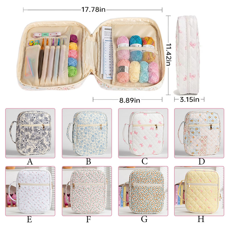 Pedsonalized Crochet Tool Storage Bag with Embroidery Name Quilted Floral Knitting Bag Needle Storage Bag Sewing Project Organizer Gift for knitter