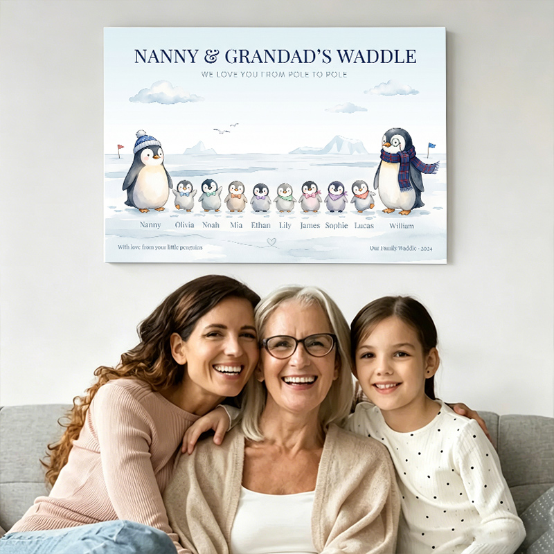 Personalized Penguin Family Poster Frameless Framed Painting with 2-10 Names Home Decor Birthday Mother's Day Father's Day Gift for Mom Dad