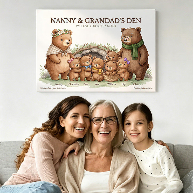 Personalized Bear Family Poster Frameless Framed Painting with 1-9 Kids Names Home Decor Birthday Mother's Day Father's Day Gift for Mom Dad