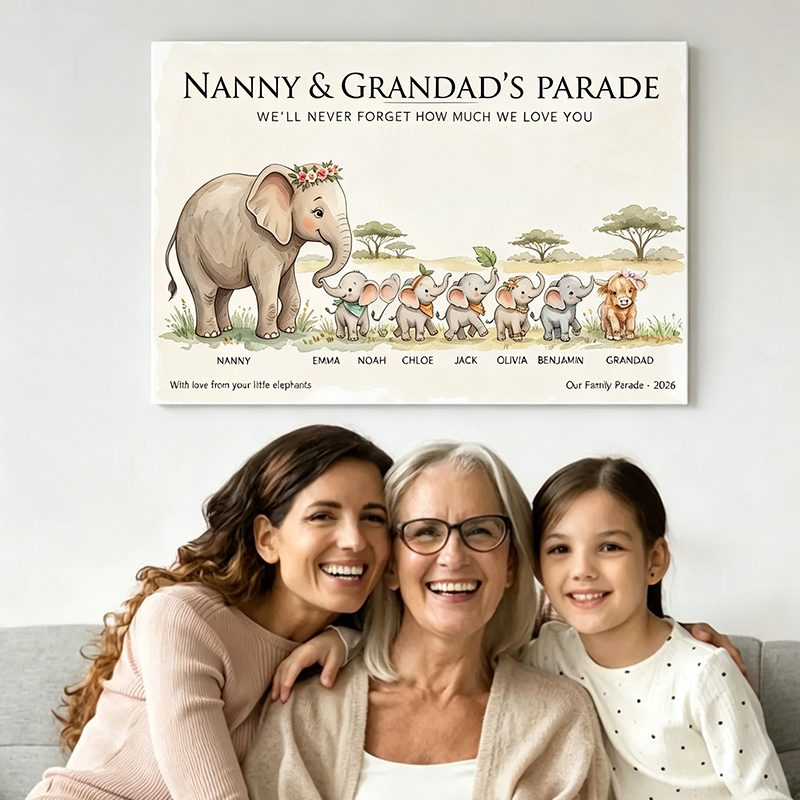 Personalized Elephant Family Poster Frameless Framed Painting with 1-9 Kids Names Home Decor Birthday Father's Day Gift for Papa