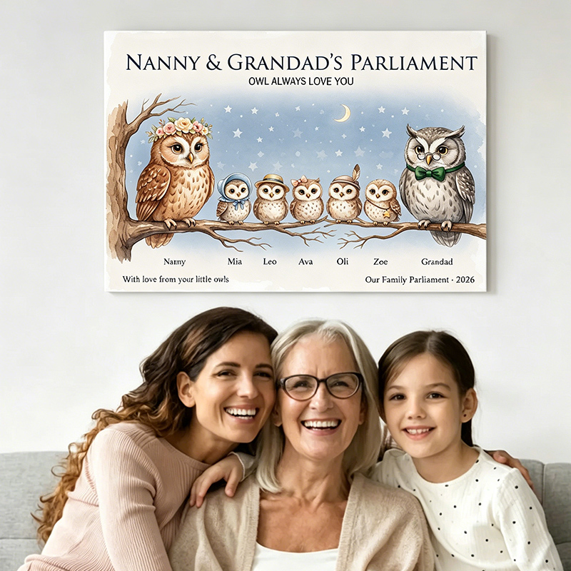 Personalized Owl Family Poster Frameless Framed Painting with 1-9 Kids Names Home Decor Birthday Father's Day Gift for Papa
