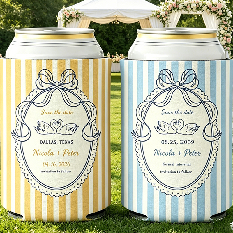 Personalized Multicolor Watercolor Striped Beer Can Cooler Sleeve with Name Title and Date Wedding Party Gift for Newlyweds