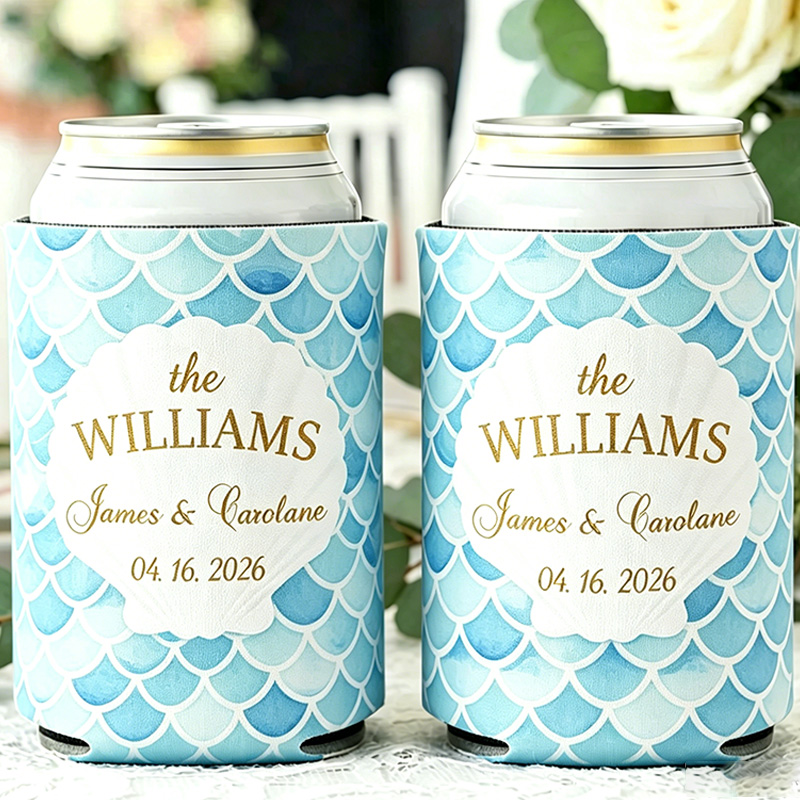 Personalized Ocean Theme Striped Beer Can Cooler Sleeve with Name Title and Date Wedding Party Gift for Newlyweds