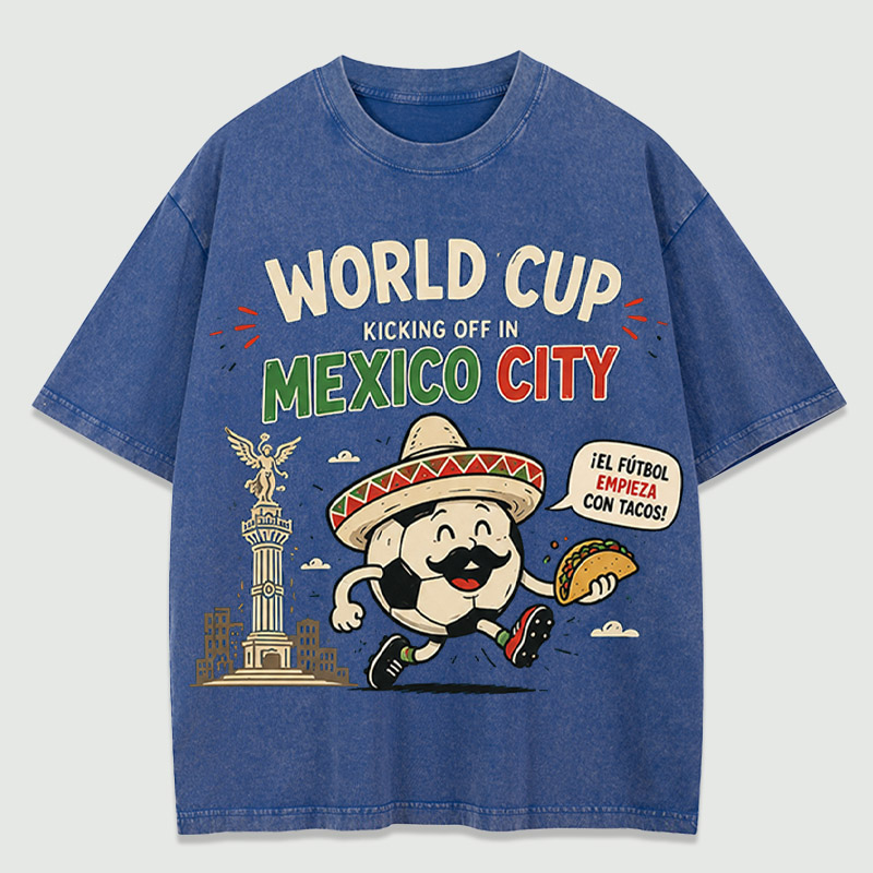 Vintage Washed T‑Shirt World Cup Mexico City Retro Sombrero Football Mascot Graphic Tee