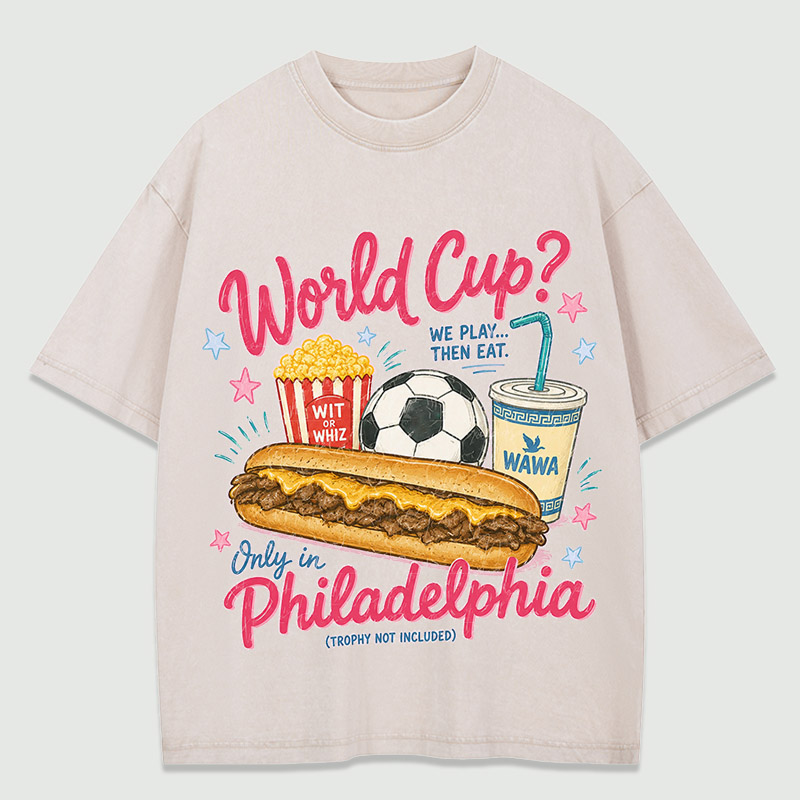 Vintage Washed  T‑Shirt World Cup Philadelphia Cheesesteak & Football Foodie Fan Graphic Tee