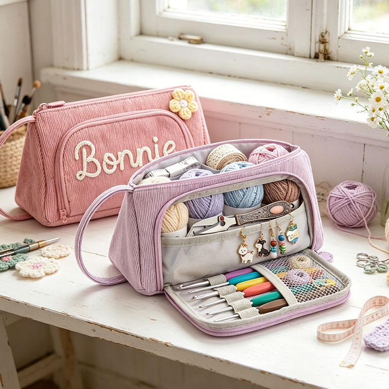 Personalized Big Capacity Crochet Tool Storage Bag Custom Name Corduroy Tool Storage Bag Multi Functional Crochet and Organizer Pouch Crochet Tool Storage Holder Colorful Organizer Women Bag