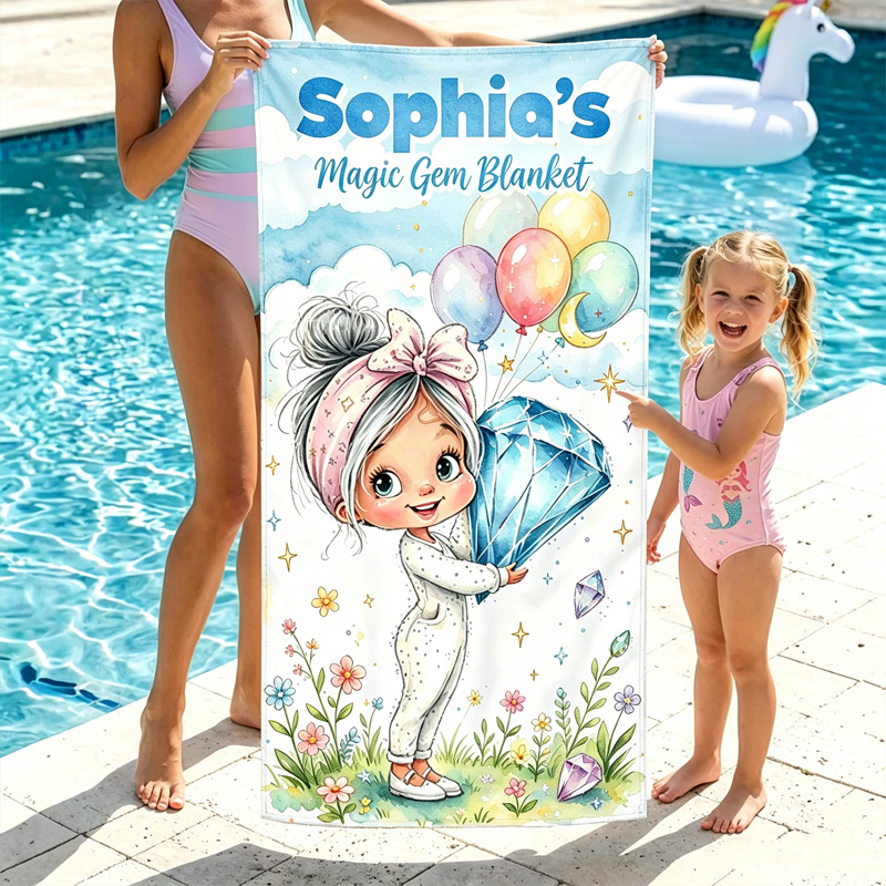 Personalized Cute Girl Holding Magic Birthstone Crystal In Pastel Fantasy Space Garden For Kids Beach Towel