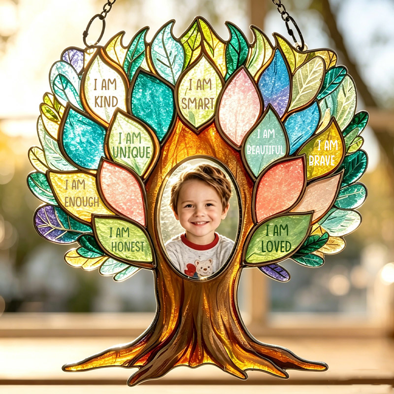 Personalized Child Photo Uplifting Affirmation Tree Glass Suncatcher