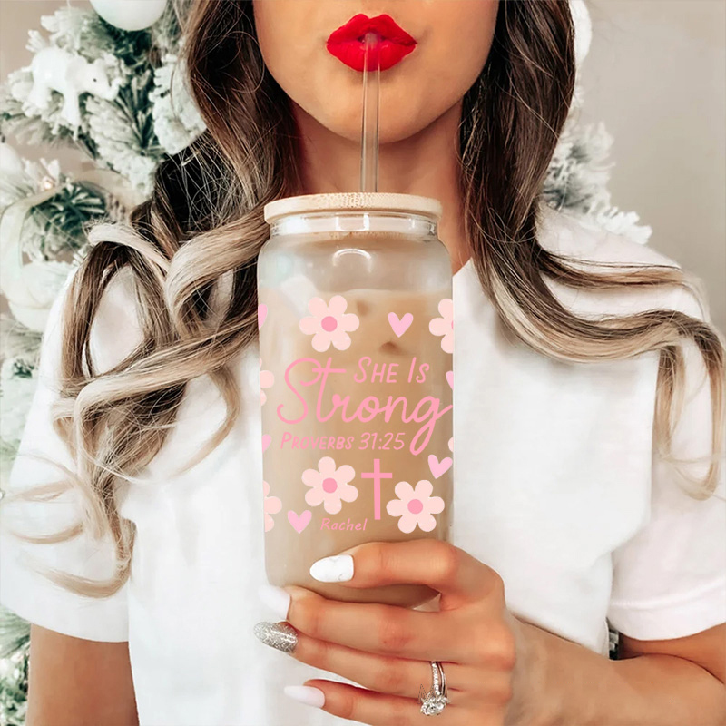 Personalized She is Strong Proverbs 31:25 Glass Cup with Lid and Straw Floral and Cross Custom Name Coffee Cup Inspirational Gift for Christian Women