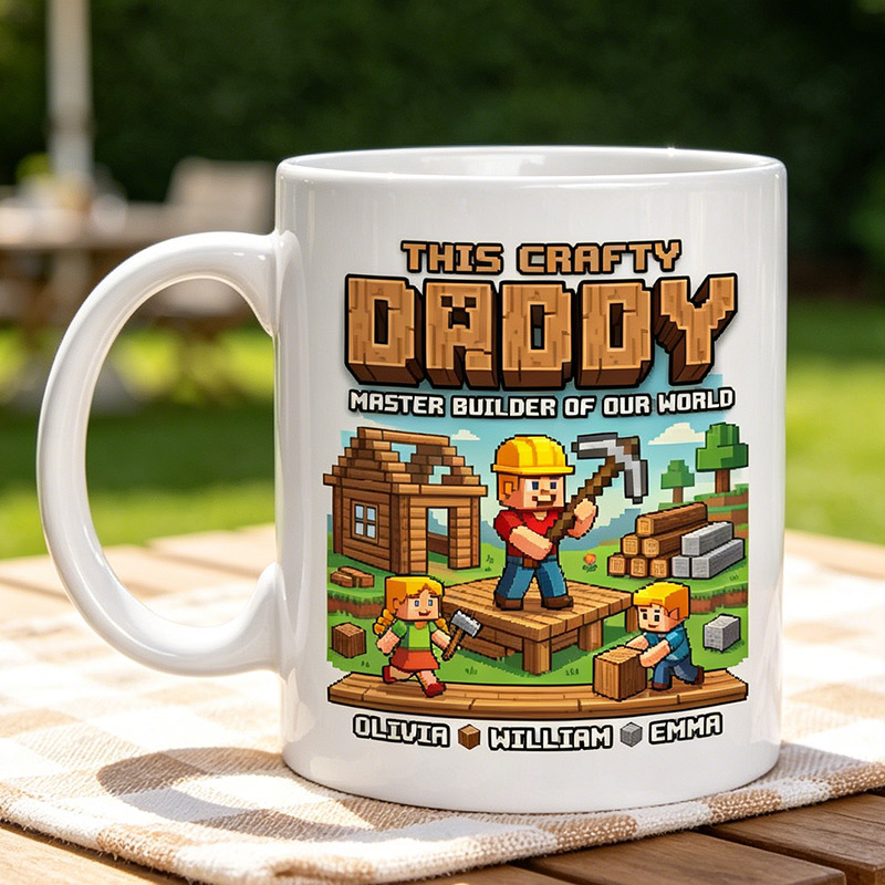 Personalized This Crafty Daddy Master Bulder of Our World 11 oz Ceramic Mug with 1-6 Names Father's Day Gifts for Dad Grandpa