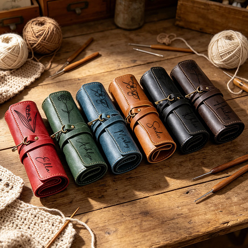 Personalized Handmade Leather Roll Up Crochet Tool Storage Bag-Vintage Crochet&Tool Organizer for Birthday Gift for Crochet Lovers