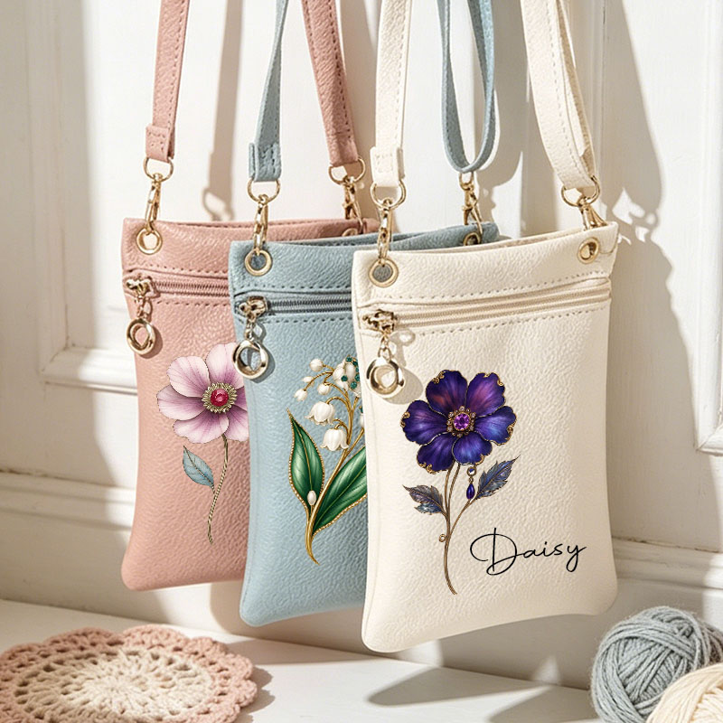 Personalized Crochet Tool Organizer Leather Custom Name with Birth Flower Bouquet Storage Case Multifunctional Crochet Kit with Lanyard
