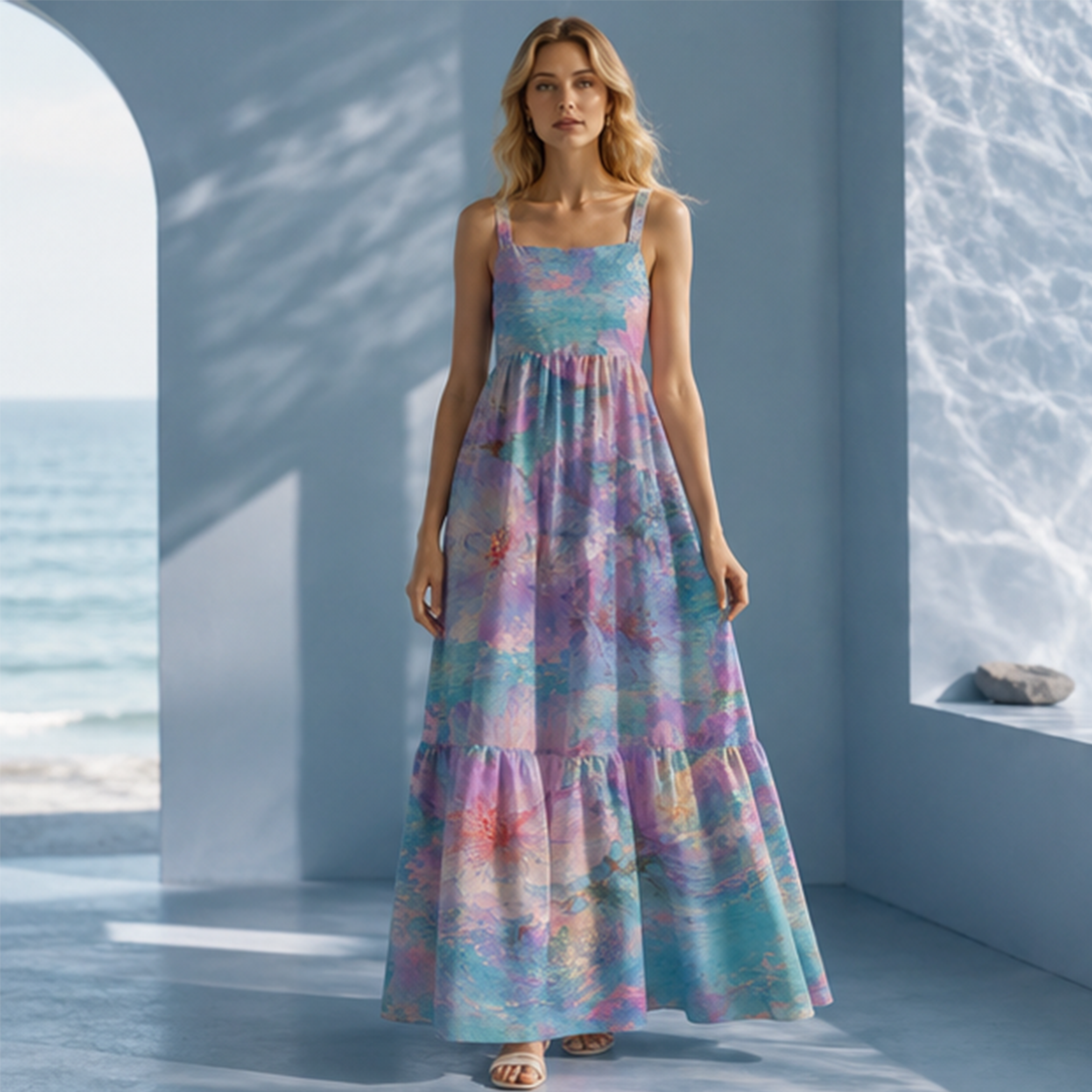 Oil Painting Pink Floral Impressionist Printed Maxi Dress