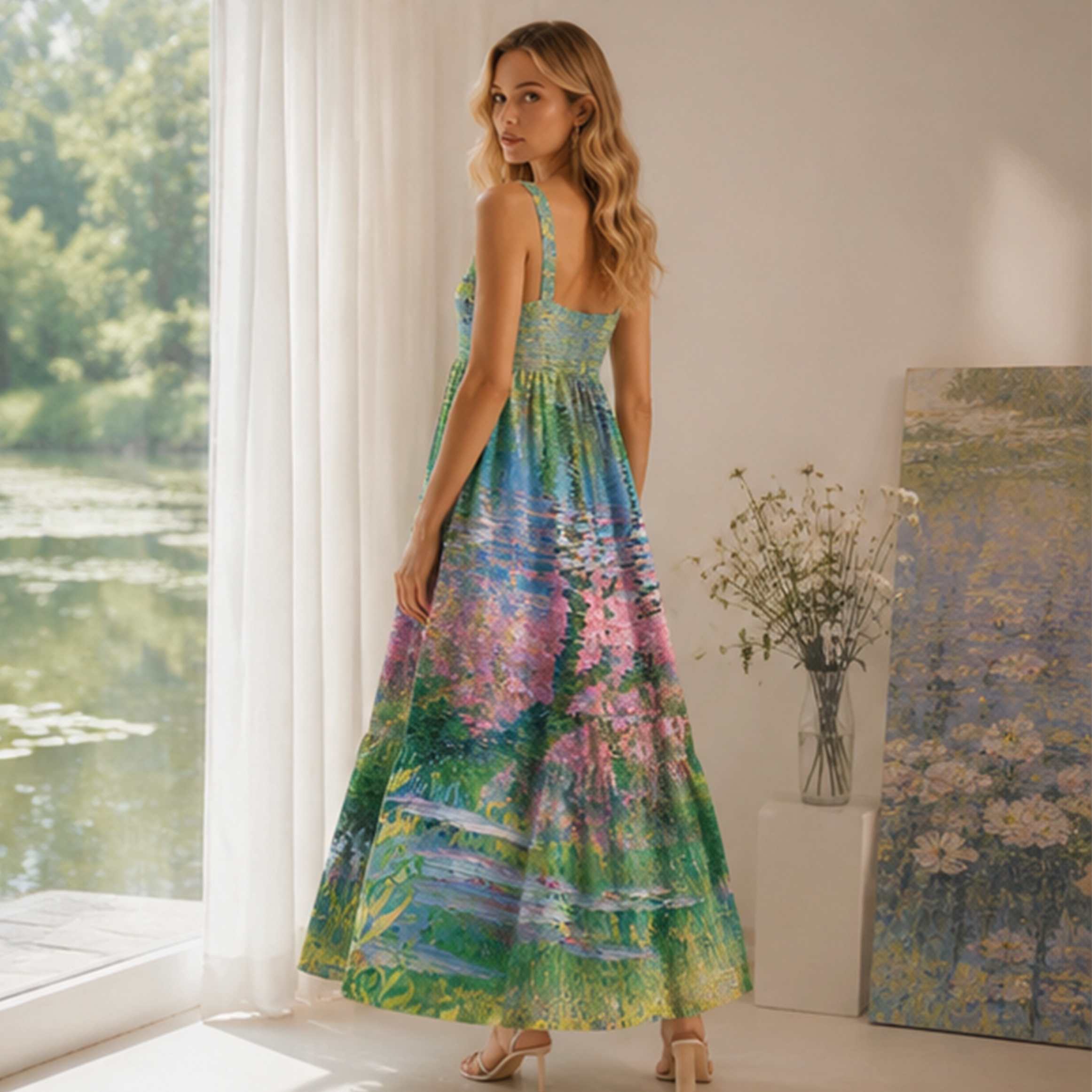 Oil Painting Natural View Green Floral Maxi Dress