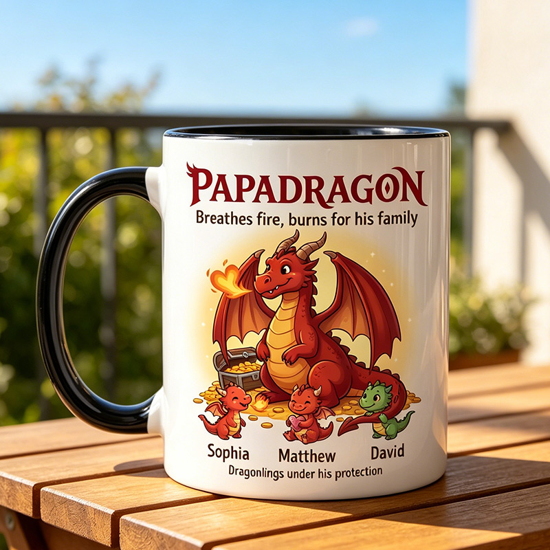 Personalized Papadragon Dragonlings under His Protection 11 oz Ceramic Mug with 1-6 Names Father's Day Gifts for Grandpa Papa Birthday Gift for Him