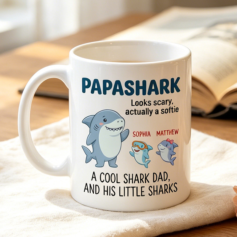 Personalized Papashark Looks Scary Actually A Softie 11 oz Ceramic Mug with 1-6 Names Father's Day Gifts for Grandpa Papa Birthday Gift for Him