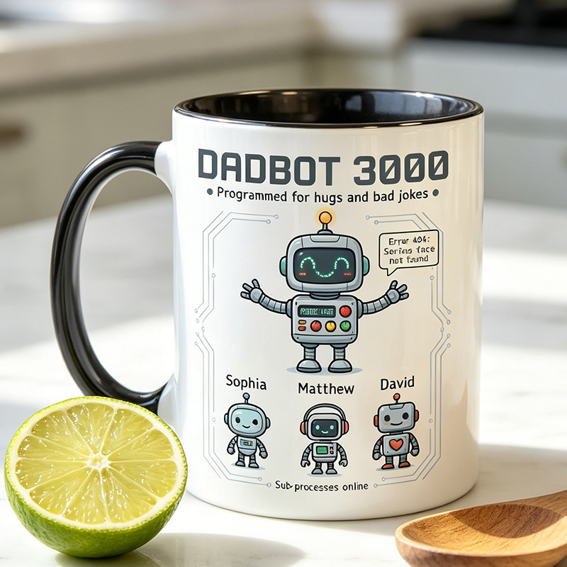 Personalized Dadbot 3000 11 oz Ceramic Mug with 1-6 Names Father's Day Gifts for Dad Papa Birthday Gift for Him