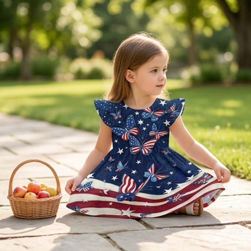 Personalized Patriotic Stars And Stripes USA Flag Print Girls Fourth Of July Red White Blue America 250th Anniversary Coquette Ruffle Dress