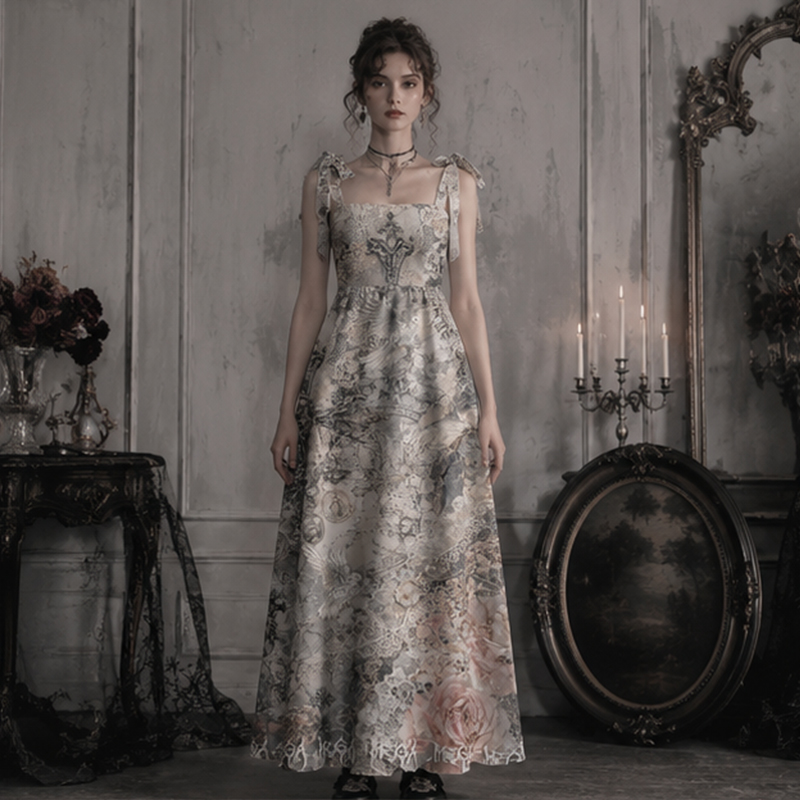 Personalized Gothic Maxi Dress Vintage Gothic Rose Dove Lace Distressed Print Tie Strap Flowy Dress