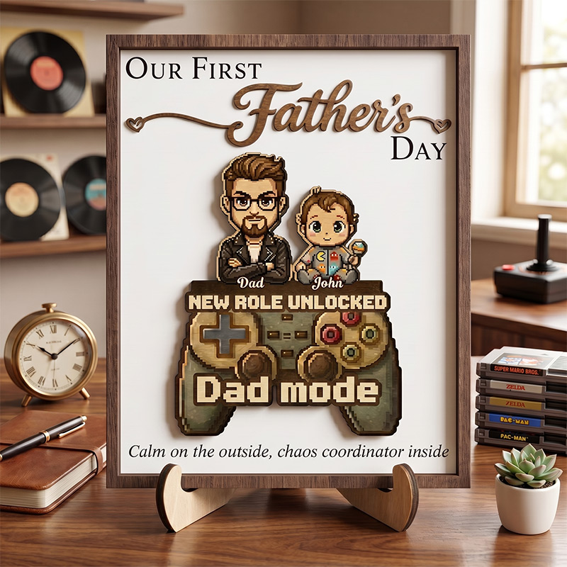 Personalized Our First Father's Day Sign Custom Leveled Up to Dad Wooden Plaque with Kids Dad Gifts Father's Day Gift For Him