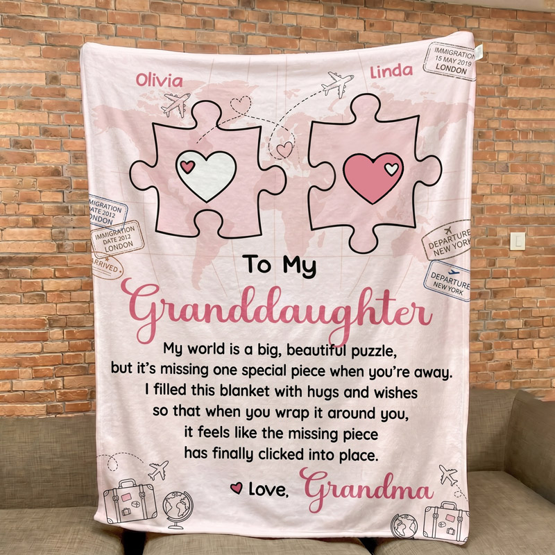 Personalized To My Granddaughter Puzzle Piece Blanket Custom Long‑Distance Gift with Map and Heartfelt Message