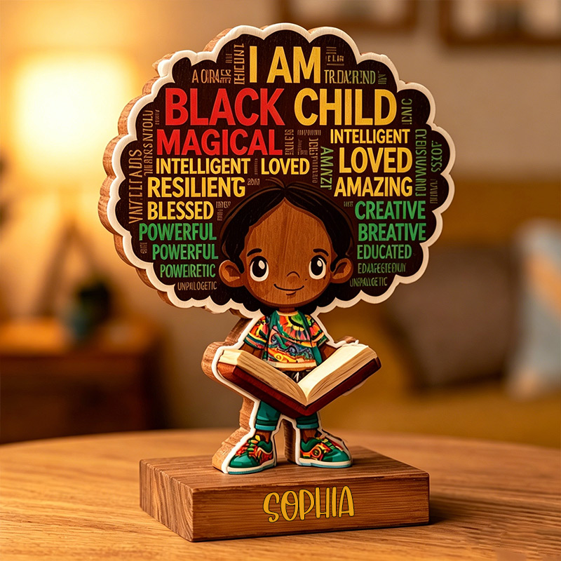 Personalized Wooden Affirmation Stand Reading Book Block with Name Decor for Kids with Positive Word Art Birthday Gift for African American Boys/Girls