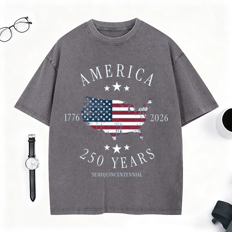 America 250th Anniversary 1776-2026 Vintage Washed T-Shirt - Patriotic USA Map Flag Graphic Tee