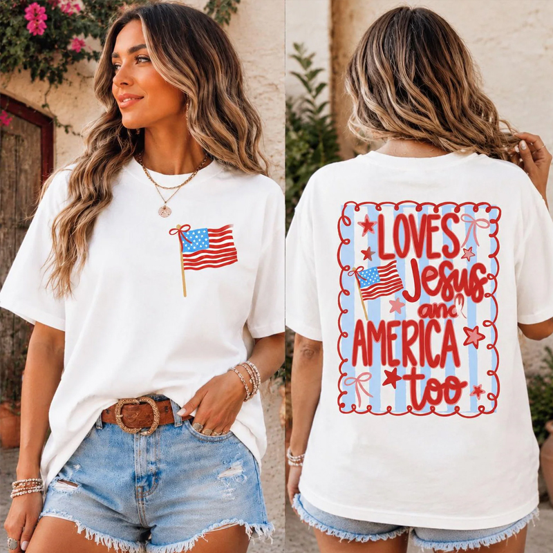 250th USA Anniversary T-Shirt Loves Jesus and America Too 4th of July Patriotic Coquette Bow Tee American Flag  