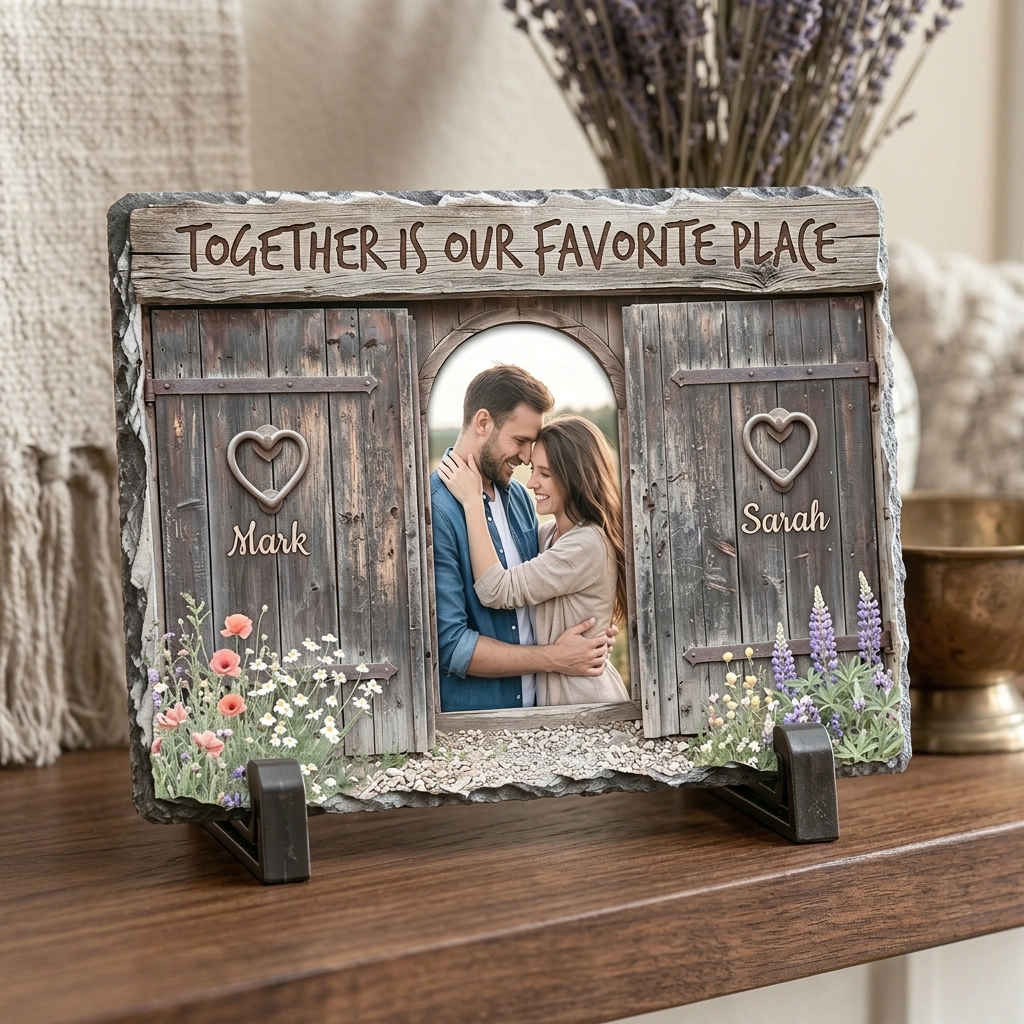 Personalized Together is Our Favorite Place Stone Retro Couple Photo Rectangle Shaped Stone with Stand Anniversary Gift Couple Home Keepsake Gift