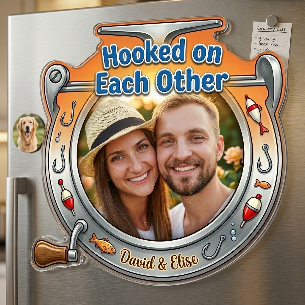 Personalized Hooked On Each Other Couple Photo Fridge Magnet Custom Couple Gift with Names Anniversary Gift for Her Him Fishing Lovers Gift